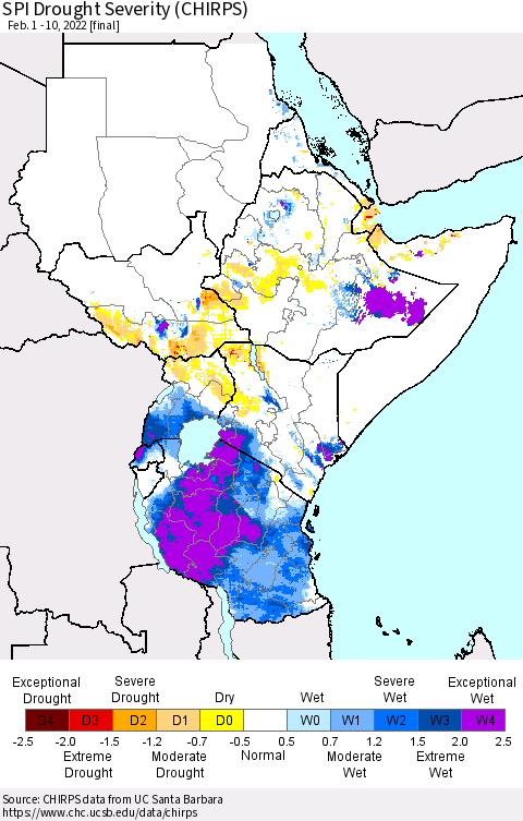 Eastern Africa SPI Drought Severity (CHIRPS) Thematic Map For 2/1/2022 - 2/10/2022