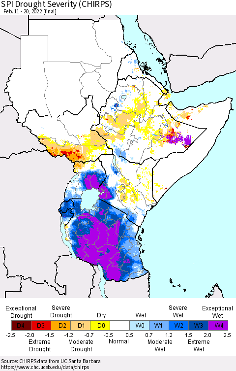 Eastern Africa SPI Drought Severity (CHIRPS) Thematic Map For 2/11/2022 - 2/20/2022