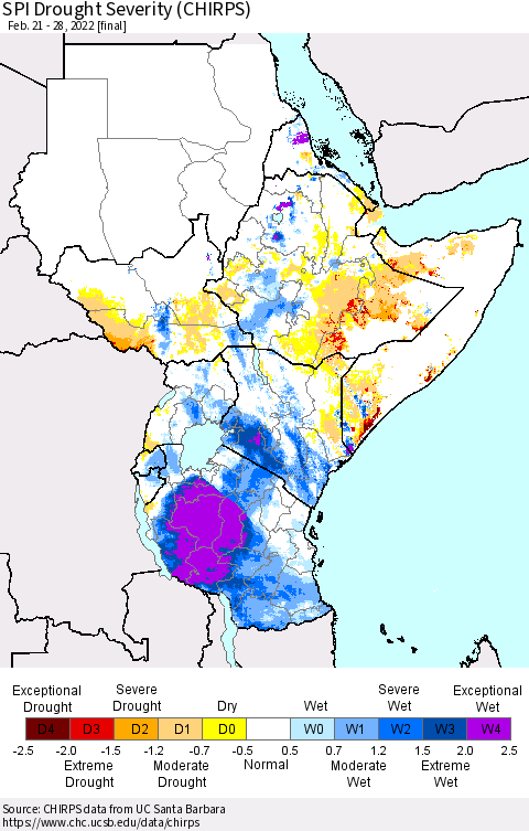 Eastern Africa SPI Drought Severity (CHIRPS) Thematic Map For 2/21/2022 - 2/28/2022