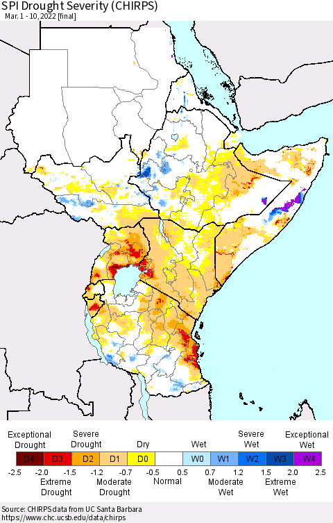 Eastern Africa SPI Drought Severity (CHIRPS) Thematic Map For 3/1/2022 - 3/10/2022