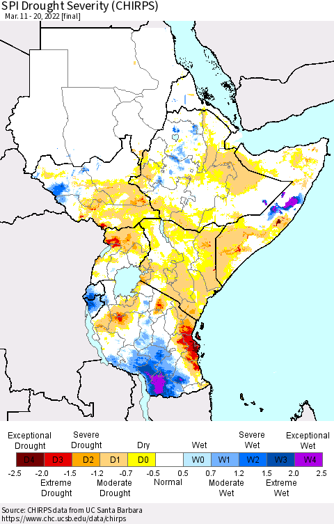 Eastern Africa SPI Drought Severity (CHIRPS) Thematic Map For 3/11/2022 - 3/20/2022