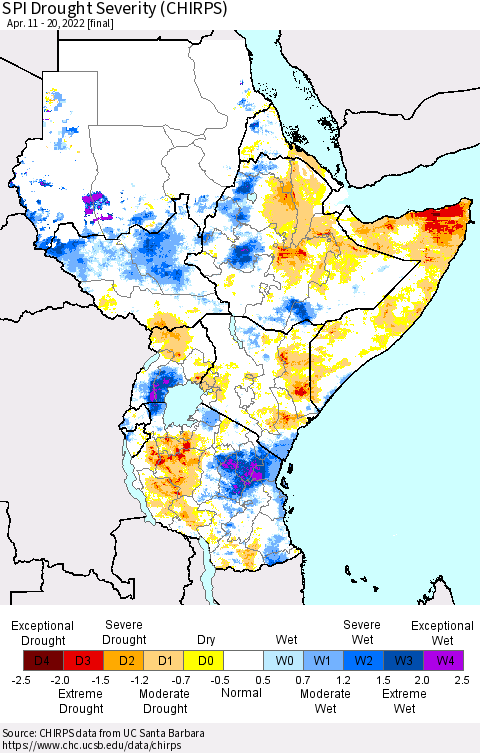 Eastern Africa SPI Drought Severity (CHIRPS) Thematic Map For 4/11/2022 - 4/20/2022