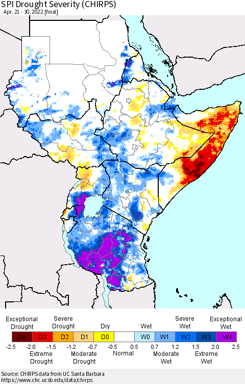 Eastern Africa SPI Drought Severity (CHIRPS) Thematic Map For 4/21/2022 - 4/30/2022