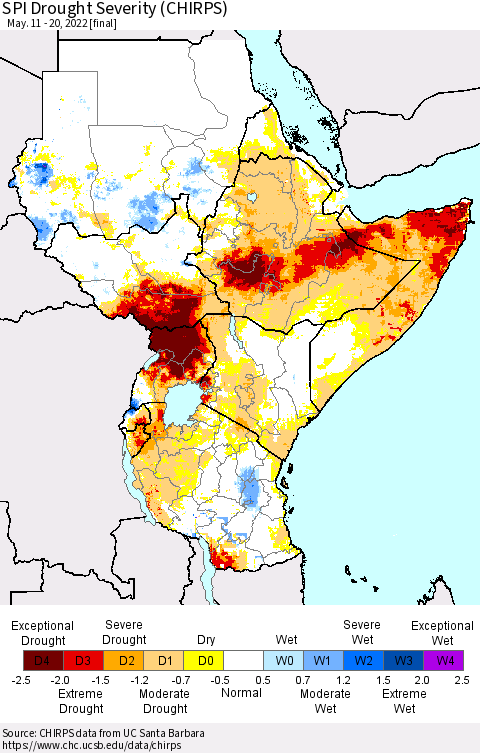 Eastern Africa SPI Drought Severity (CHIRPS) Thematic Map For 5/11/2022 - 5/20/2022