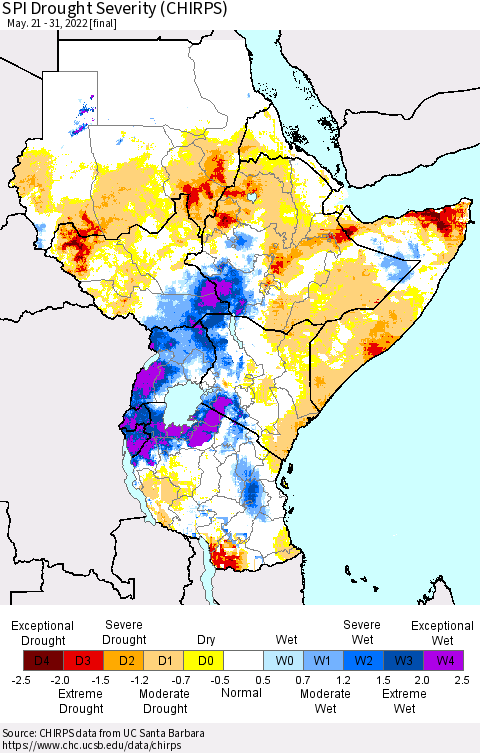 Eastern Africa SPI Drought Severity (CHIRPS) Thematic Map For 5/21/2022 - 5/31/2022