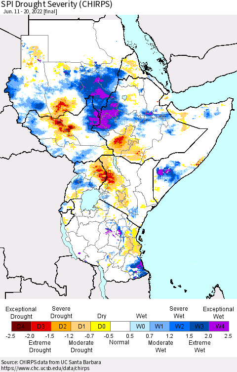 Eastern Africa SPI Drought Severity (CHIRPS) Thematic Map For 6/11/2022 - 6/20/2022