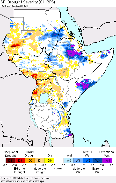 Eastern Africa SPI Drought Severity (CHIRPS) Thematic Map For 6/21/2022 - 6/30/2022