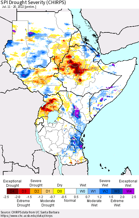 Eastern Africa SPI Drought Severity (CHIRPS) Thematic Map For 7/11/2022 - 7/20/2022