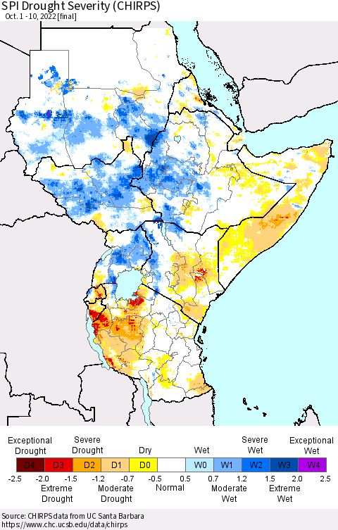Eastern Africa SPI Drought Severity (CHIRPS) Thematic Map For 10/1/2022 - 10/10/2022