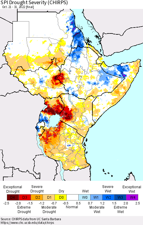 Eastern Africa SPI Drought Severity (CHIRPS) Thematic Map For 10/21/2022 - 10/31/2022