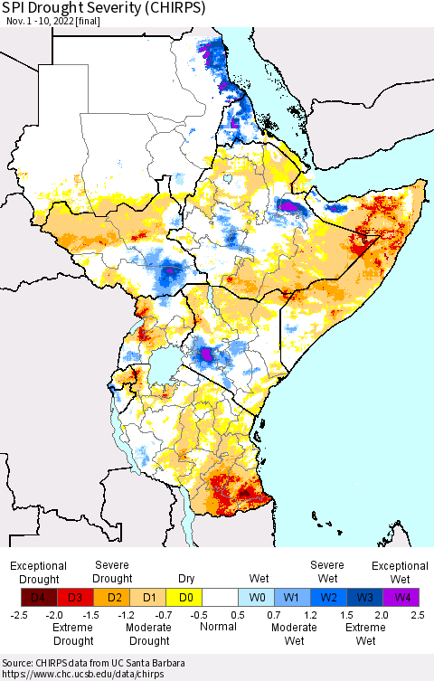 Eastern Africa SPI Drought Severity (CHIRPS) Thematic Map For 11/1/2022 - 11/10/2022