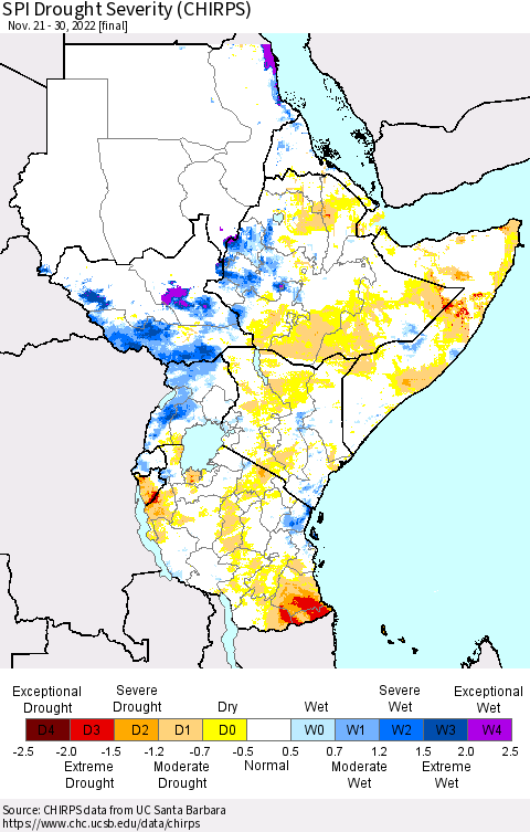Eastern Africa SPI Drought Severity (CHIRPS) Thematic Map For 11/21/2022 - 11/30/2022