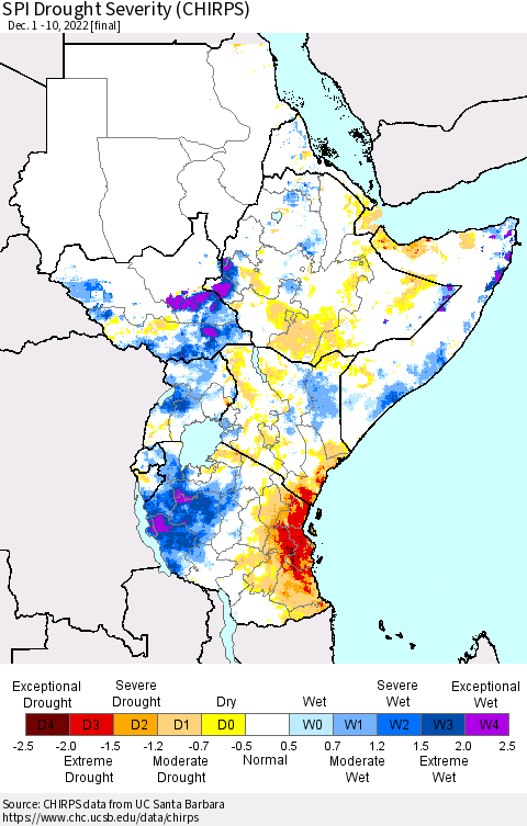 Eastern Africa SPI Drought Severity (CHIRPS) Thematic Map For 12/1/2022 - 12/10/2022