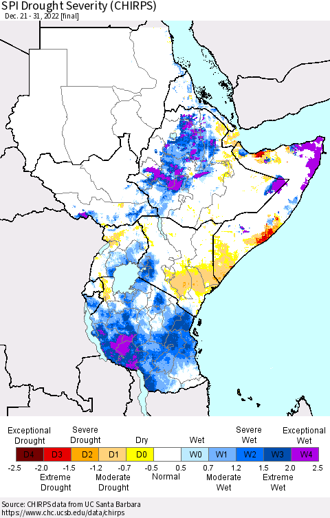 Eastern Africa SPI Drought Severity (CHIRPS) Thematic Map For 12/21/2022 - 12/31/2022