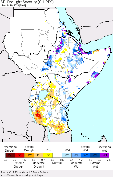 Eastern Africa SPI Drought Severity (CHIRPS) Thematic Map For 1/1/2023 - 1/10/2023