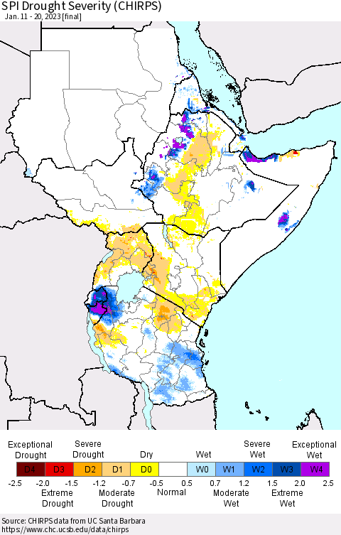 Eastern Africa SPI Drought Severity (CHIRPS) Thematic Map For 1/11/2023 - 1/20/2023