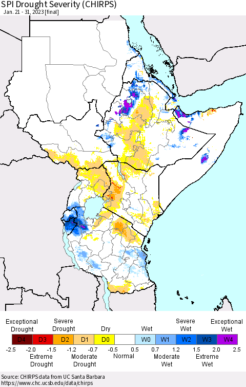 Eastern Africa SPI Drought Severity (CHIRPS) Thematic Map For 1/21/2023 - 1/31/2023