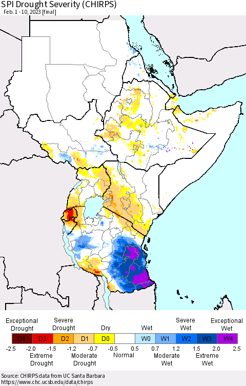 Eastern Africa SPI Drought Severity (CHIRPS) Thematic Map For 2/1/2023 - 2/10/2023