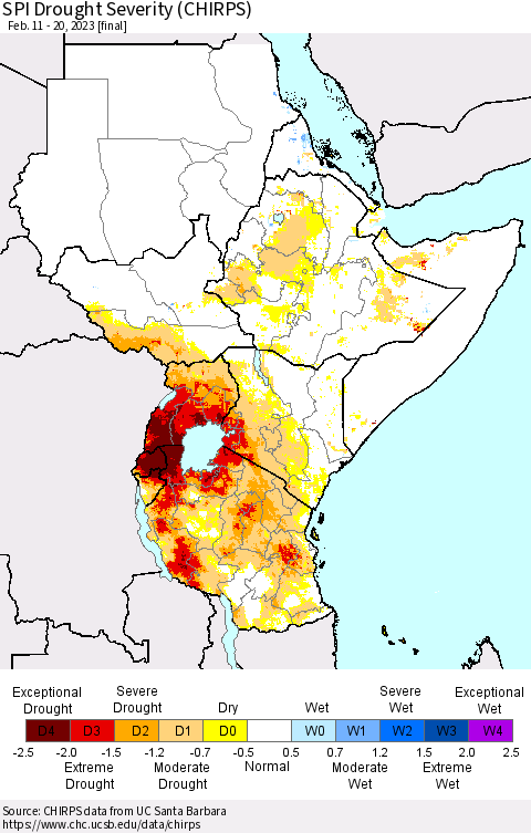 Eastern Africa SPI Drought Severity (CHIRPS) Thematic Map For 2/11/2023 - 2/20/2023