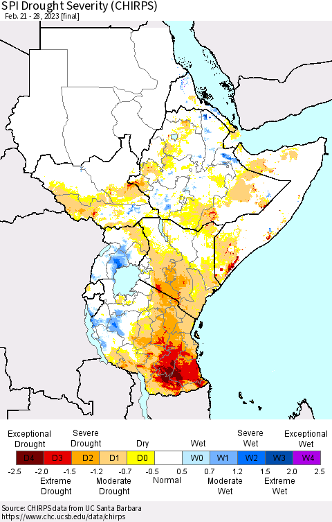 Eastern Africa SPI Drought Severity (CHIRPS) Thematic Map For 2/21/2023 - 2/28/2023