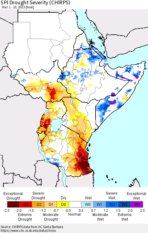 Eastern Africa SPI Drought Severity (CHIRPS) Thematic Map For 3/1/2023 - 3/10/2023