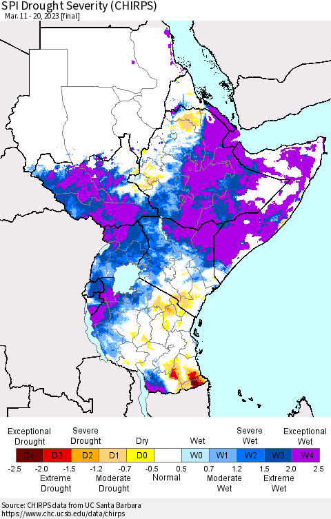 Eastern Africa SPI Drought Severity (CHIRPS) Thematic Map For 3/11/2023 - 3/20/2023
