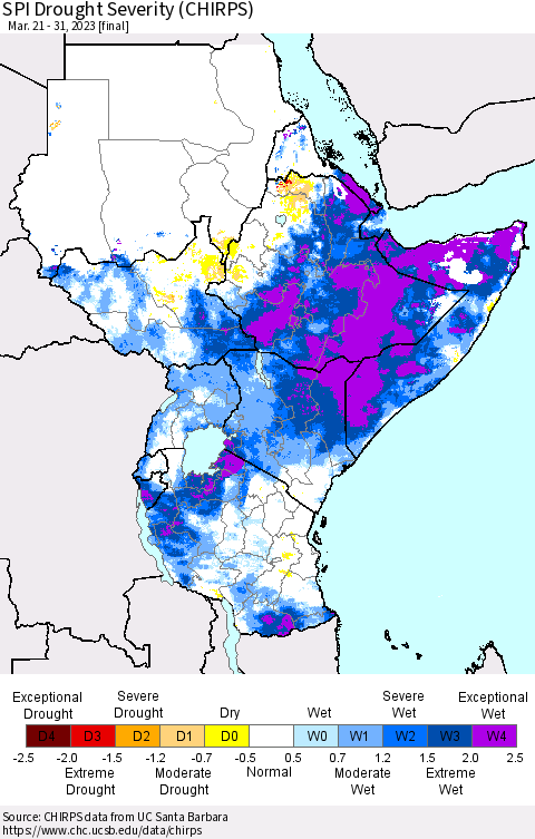 Eastern Africa SPI Drought Severity (CHIRPS) Thematic Map For 3/21/2023 - 3/31/2023