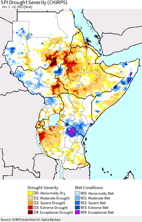 Eastern Africa SPI Drought Severity (CHIRPS) Thematic Map For 10/1/2023 - 10/10/2023