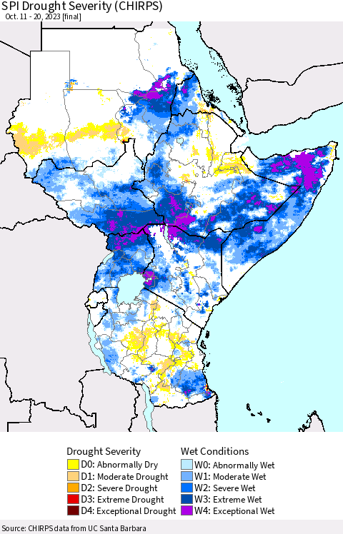 Eastern Africa SPI Drought Severity (CHIRPS) Thematic Map For 10/11/2023 - 10/20/2023