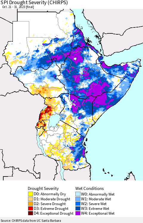 Eastern Africa SPI Drought Severity (CHIRPS) Thematic Map For 10/21/2023 - 10/31/2023