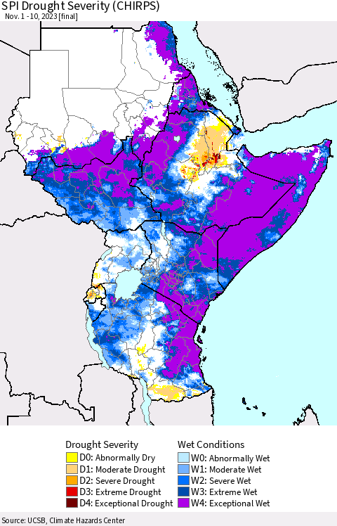Eastern Africa SPI Drought Severity (CHIRPS) Thematic Map For 11/1/2023 - 11/10/2023