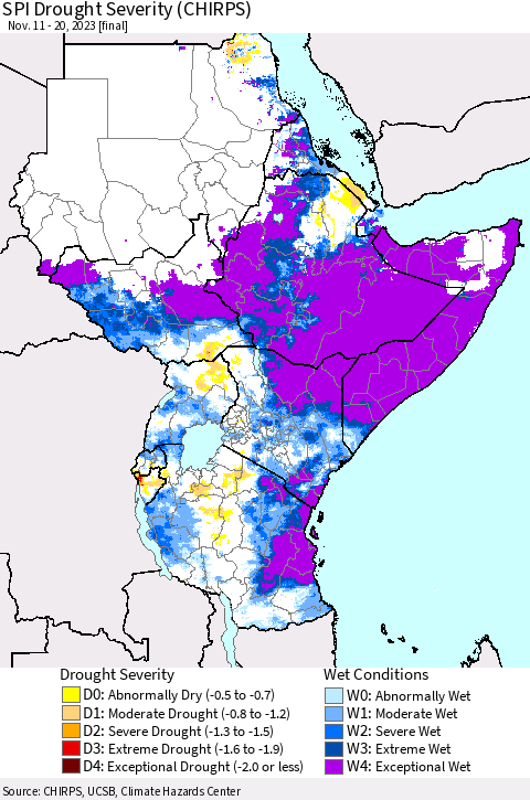 Eastern Africa SPI Drought Severity (CHIRPS) Thematic Map For 11/11/2023 - 11/20/2023