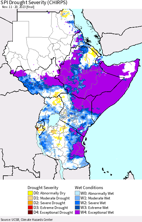 Eastern Africa SPI Drought Severity (CHIRPS) Thematic Map For 11/11/2023 - 11/20/2023