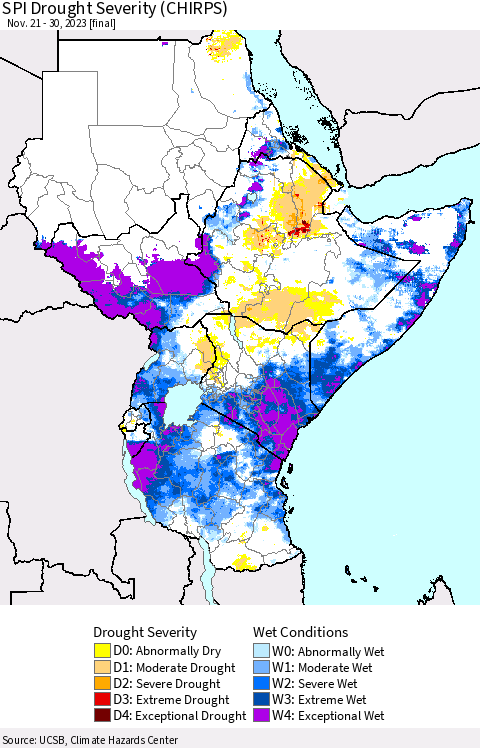 Eastern Africa SPI Drought Severity (CHIRPS) Thematic Map For 11/21/2023 - 11/30/2023