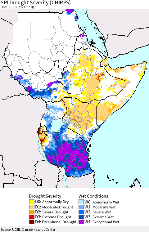 Eastern Africa SPI Drought Severity (CHIRPS) Thematic Map For 12/1/2023 - 12/10/2023