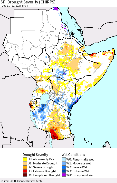 Eastern Africa SPI Drought Severity (CHIRPS) Thematic Map For 12/11/2023 - 12/20/2023