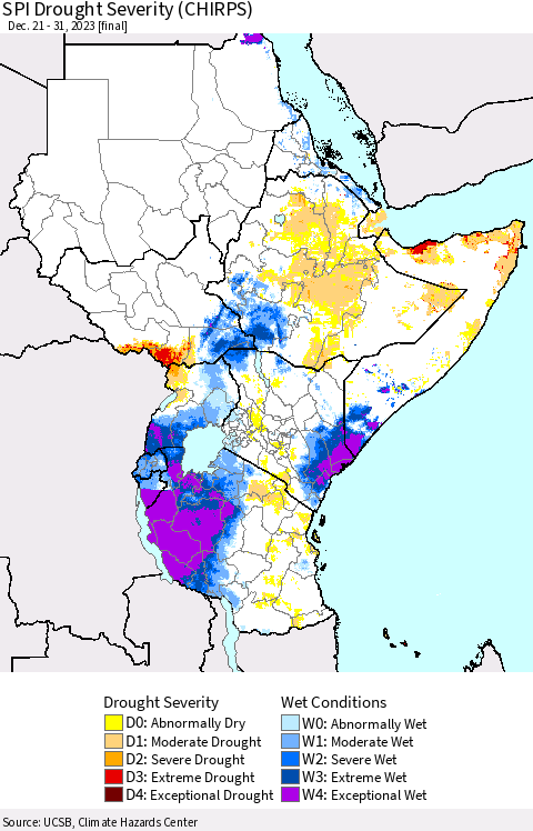 Eastern Africa SPI Drought Severity (CHIRPS) Thematic Map For 12/21/2023 - 12/31/2023
