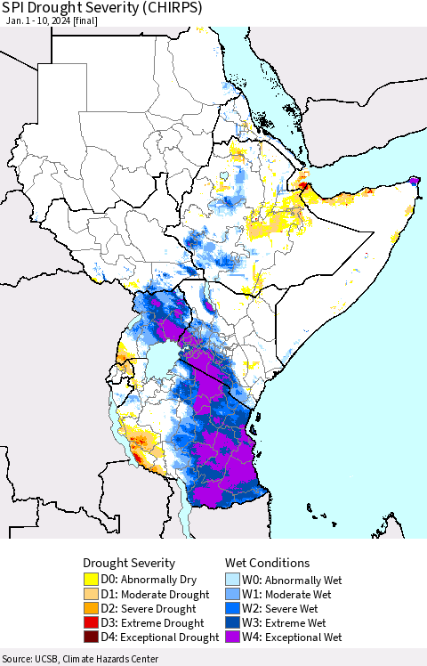 Eastern Africa SPI Drought Severity (CHIRPS) Thematic Map For 1/1/2024 - 1/10/2024