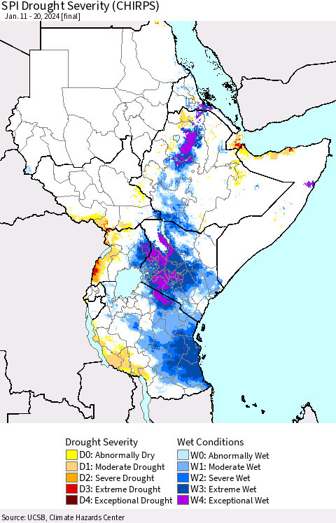 Eastern Africa SPI Drought Severity (CHIRPS) Thematic Map For 1/11/2024 - 1/20/2024