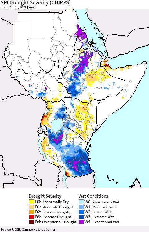Eastern Africa SPI Drought Severity (CHIRPS) Thematic Map For 1/21/2024 - 1/31/2024