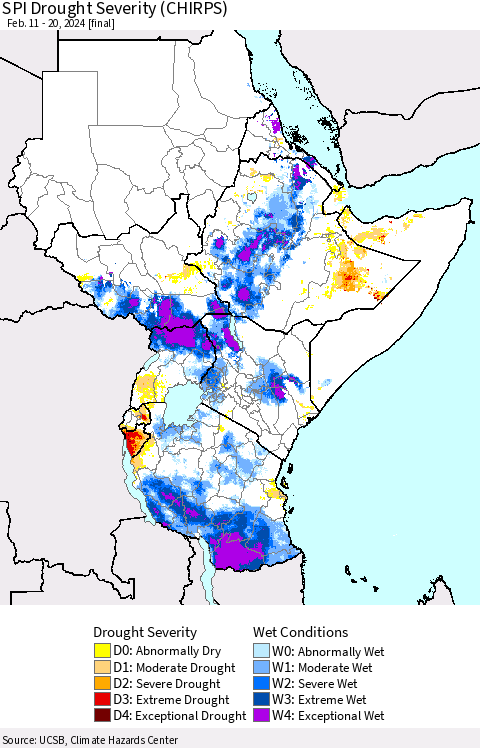 Eastern Africa SPI Drought Severity (CHIRPS) Thematic Map For 2/11/2024 - 2/20/2024