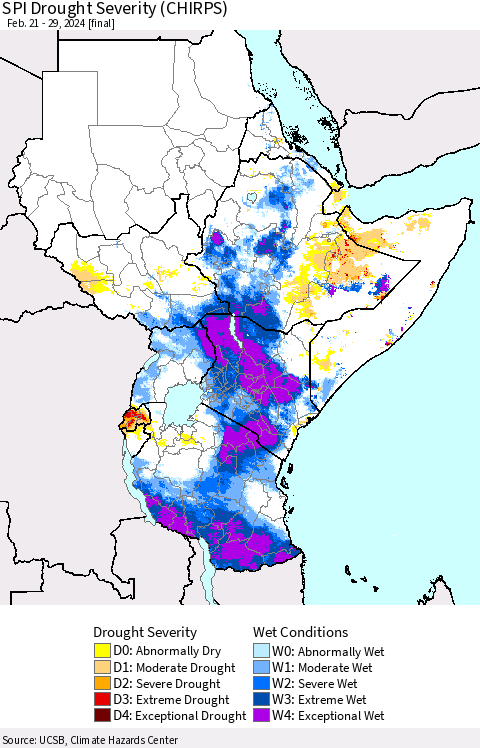 Eastern Africa SPI Drought Severity (CHIRPS) Thematic Map For 2/21/2024 - 2/29/2024