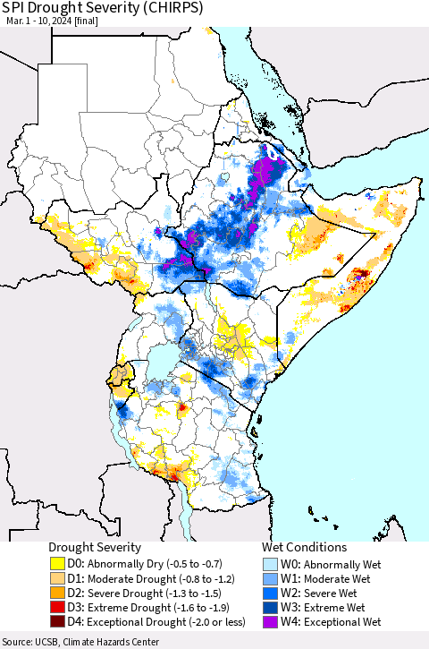 Eastern Africa SPI Drought Severity (CHIRPS) Thematic Map For 3/1/2024 - 3/10/2024