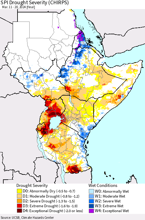 Eastern Africa SPI Drought Severity (CHIRPS) Thematic Map For 3/11/2024 - 3/20/2024