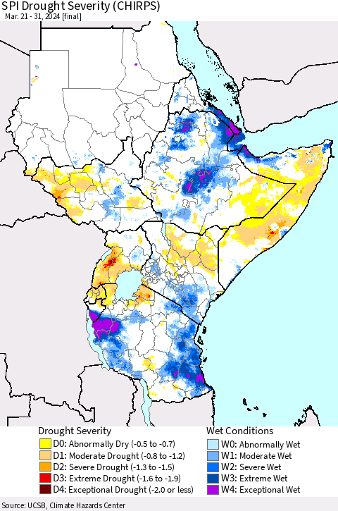 Eastern Africa SPI Drought Severity (CHIRPS) Thematic Map For 3/21/2024 - 3/31/2024