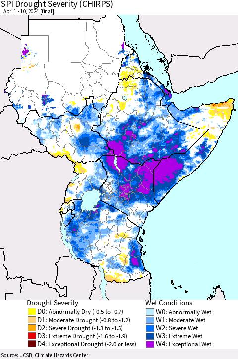 Eastern Africa SPI Drought Severity (CHIRPS) Thematic Map For 4/1/2024 - 4/10/2024