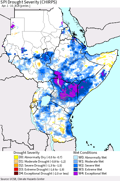 Eastern Africa SPI Drought Severity (CHIRPS) Thematic Map For 4/1/2024 - 4/10/2024