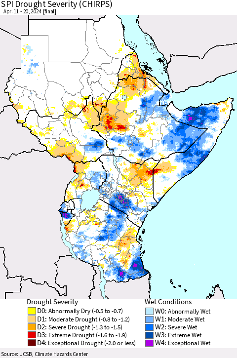 Eastern Africa SPI Drought Severity (CHIRPS) Thematic Map For 4/11/2024 - 4/20/2024