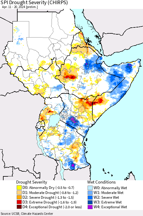 Eastern Africa SPI Drought Severity (CHIRPS) Thematic Map For 4/11/2024 - 4/20/2024