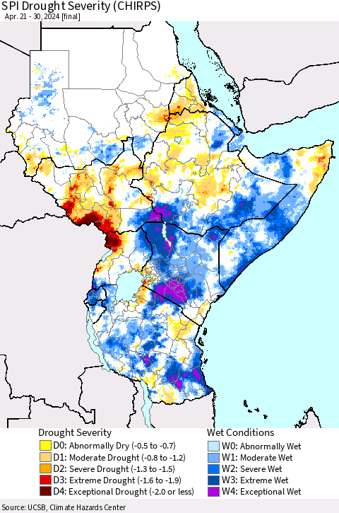 Eastern Africa SPI Drought Severity (CHIRPS) Thematic Map For 4/21/2024 - 4/30/2024